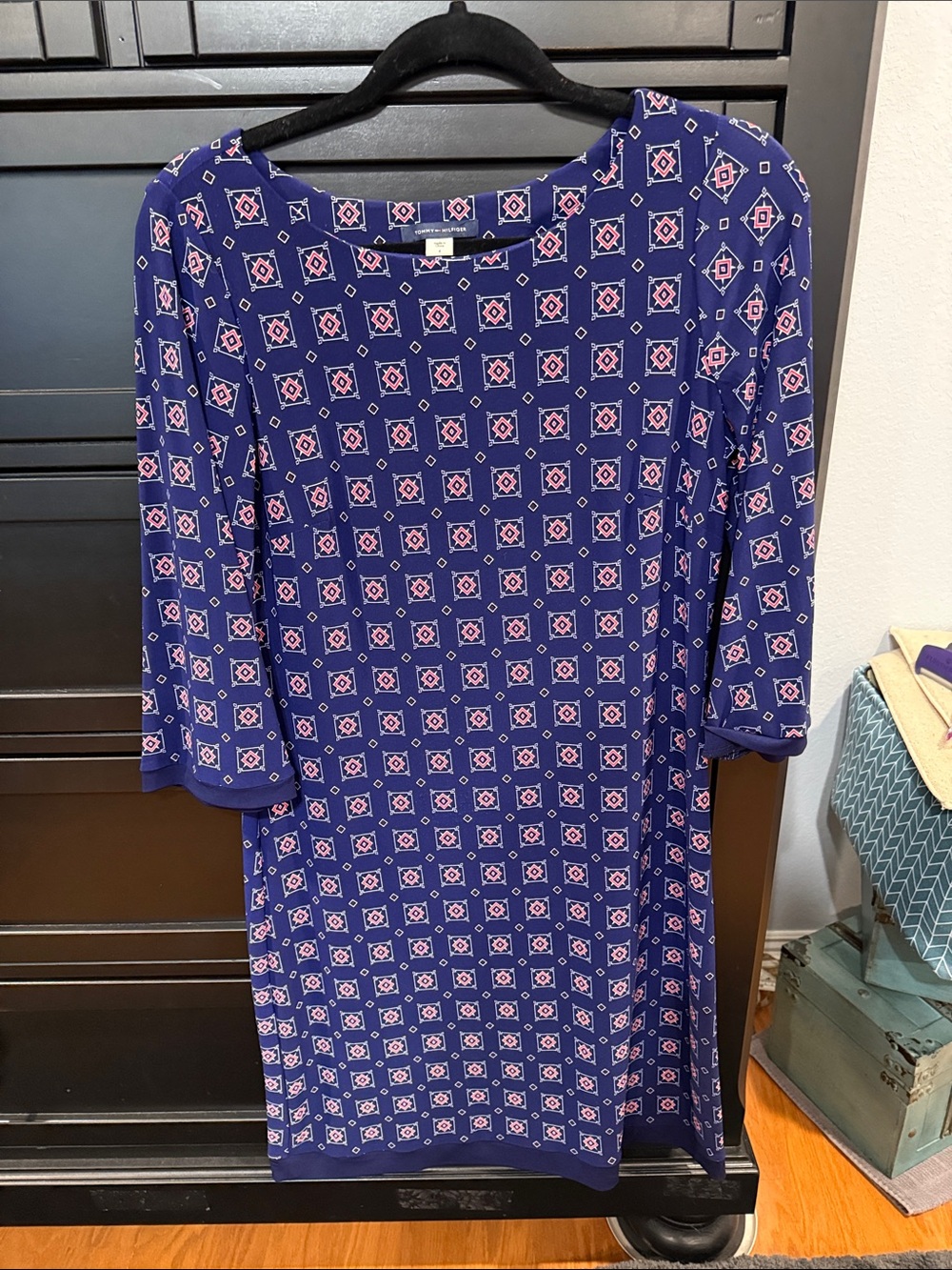 Tommy Hilfiger Navy Blue Midi Shift Dress with Pink Geometric Print